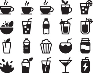 Beverage icons: coffee, juice, water, soda, and more