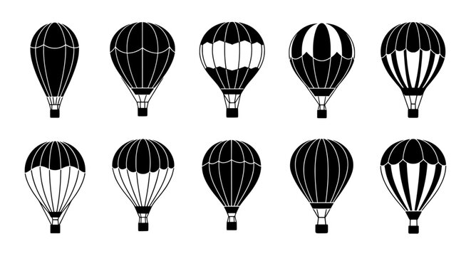 Collection of ten black and white hot air balloon silhouettes with various stripe and pattern designs on a transparent background