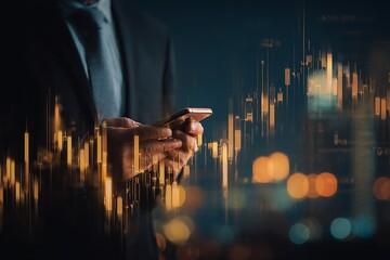 A man holds a phone and looks at a financial chart. A hologram floats around his hand, symbolizing technology investment.
