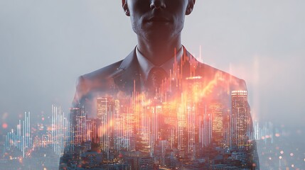 double exposure portrait of asian businessman in suit standing before futuristic city skyline, overlay of rising graph, holographic lines, glowing particles
