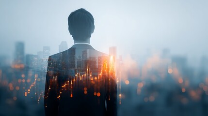 double exposure portrait of asian businessman in suit standing before futuristic city skyline, overlay of rising graph, holographic lines, glowing particles