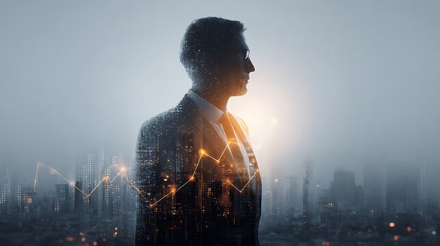 double exposure portrait of asian businessman in suit standing before futuristic city skyline, overlay of rising graph, holographic lines, glowing particles