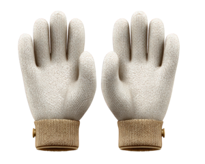 Cozy pair of white knitted wool winter gloves. This comfortable hand clothing accessory offers warm protection from cold weather, shown isolated for comfort