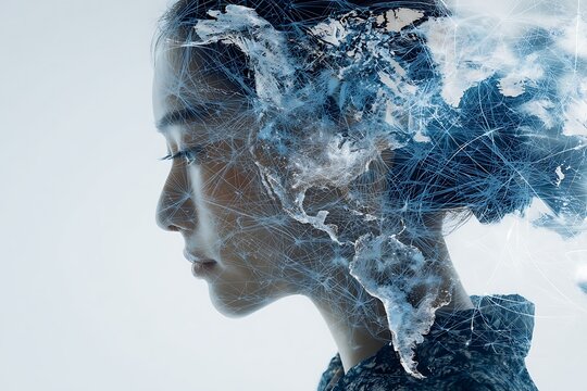 Half-body image of an Asian person with world map connection lines overlaid with data flow.