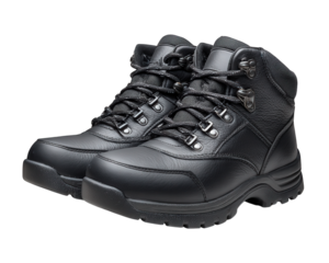 Durable pair of black leather winter boots for cold weather protection. This rugged footwear offers comfortable support for hiking, outdoor activity and work on trail