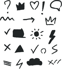 Assortment of handdrawn black icons and symbols on a white background, featuring question marks, crowns, hearts, arrows, and checkmarks, isolated