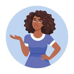 Smiling African American Woman Avatar: Presenting Gesture in Retro Blue Dress