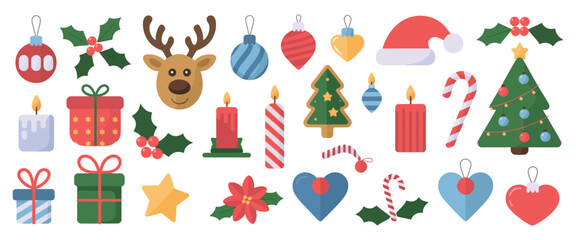 Naklejka premium Christmas Element Vector Illustration Set – Holiday Design Collection with Tree, Reindeer, Candle, Gift, Holly Leaf, Bauble – Perfect for Sticker, Card, Poster, and Invitation