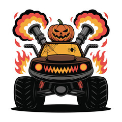 Halloween Monster Truck: Jack-o'-Lantern Turbo Engine Hot Rod with Flames and Spider © Nowrose