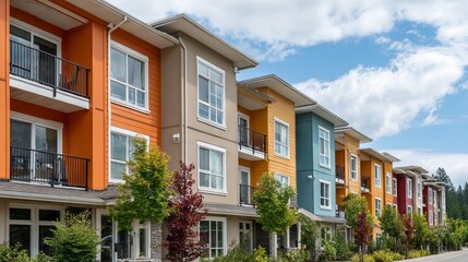 Fototapeta premium A row of colorful apartment buildings with a blue sky in the background