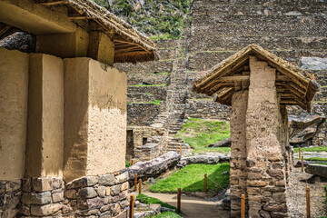 Scenic landscape view with the inca ruins at Ollantaytambo Archeological Site in the Sacred Valley of the Incas, Peru.