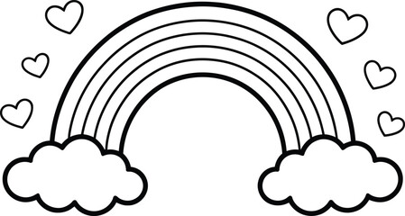 Simple outline rainbow with clouds and hearts coloring page