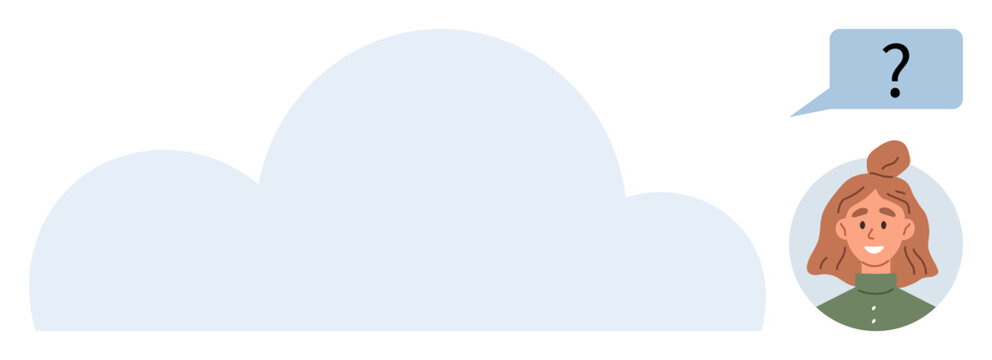 Young woman with a curious expression beside a large cloud illustration and a speech bubble containing a question mark. Ideal for creativity, curiosity, brainstorming, innovation, problem-solving