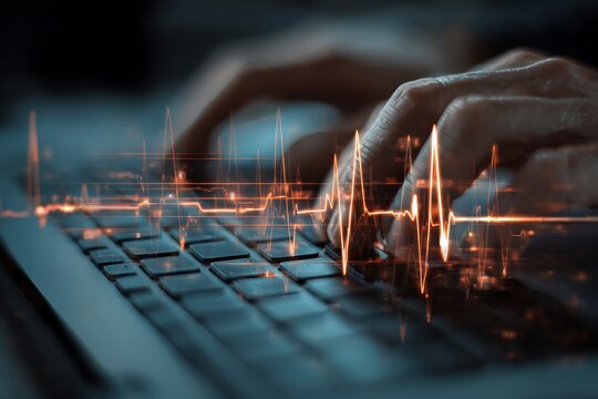 Image of hands typing on keyboard overlay with health data streams and icons representing health information systems.
