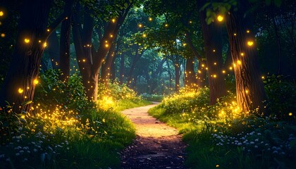 Enchanting forest path at night