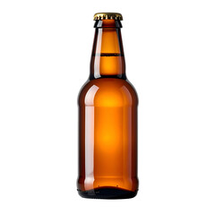 A clear, amber-tinted glass beer bottle with a golden cap, set against a black background