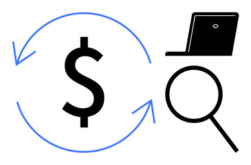 Dollar sign enclosed by circular arrows, magnifying glass, and laptop highlighting concepts of online transactions, financial research, ecommerce, data analysis, business growth, profitability