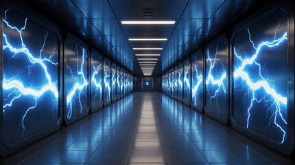 A futuristic sci-fi corridor with glowing blue electrical energy patterns displayed on large panels along both walls which emit a vibrant neon-like electric lightning effect.