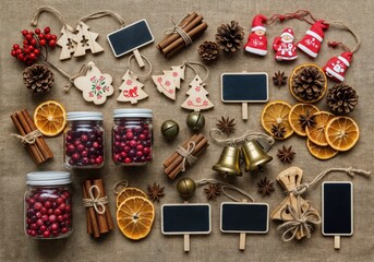 Rustic Christmas Market Flat Lay with Burlap Fabric Mason Jars Cranberries Wooden Ornaments and Vintage Brass Bells