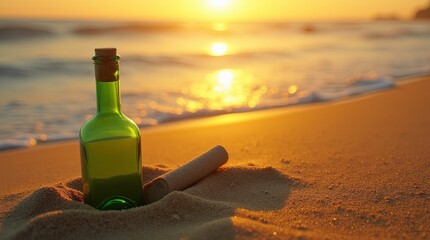 A green glass bottle with a rolled message inside half-buried in golden sand on a beach at sunset, AI Generative