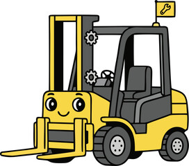 Cute Cartoon Forklift Truck Character with Smile Face and Flag Vector Illustration for Kids