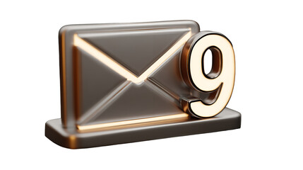 Nine unread messages awaiting discovery in a sleek metallic email icon against a stark black studio