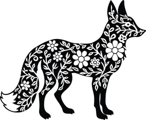 Fox Silhouette Filled with Floral Pattern Line Art Illustration on Transparent Background