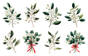 PNG Festive mistletoe arrangements with ribbons, element set on transparent background