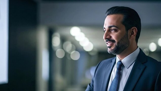 A man in a suit smiles and holds a laser pointer, presenting or explaining something