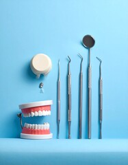Dental tools and model jaw on a light blue background