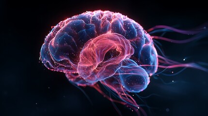 double exposure glowing brain with data flow lines, holographic light, AI intelligence visualization, futuristic neon tone