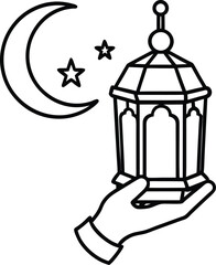 Hand Holding Crescent Moon Lantern Line Art Illustration on Transparent Background