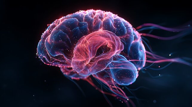 double exposure glowing brain with data flow lines, holographic light, AI intelligence visualization, futuristic neon tone