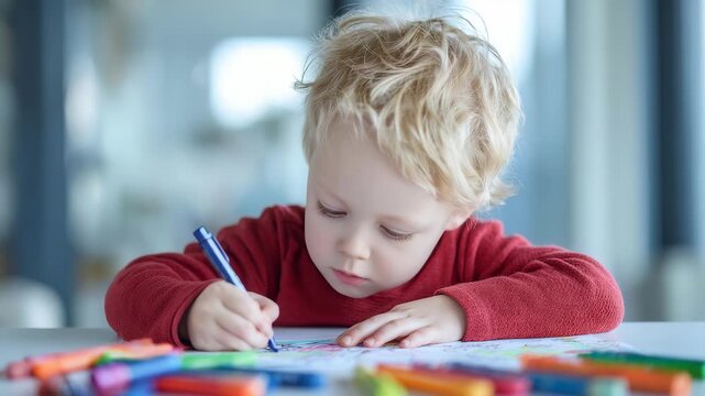 Curly haired toddler in a red sweater draws with colorful markers at a bright table, deeply focused on creative artwork. Natural daylight fills the cozy, modern home interior