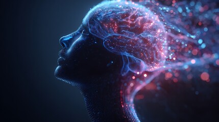 Silhouette of a human head with a hologram of light, brain, and data points radiating from the back.