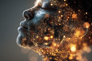 Image of a person with closed eyes overlayed with layers of data and AI network circuits.