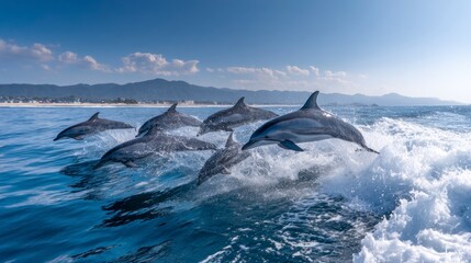 Dolphins leaping over ocean waves