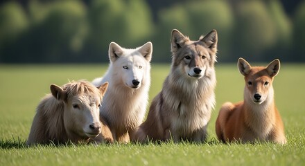 Four animals resting on grass