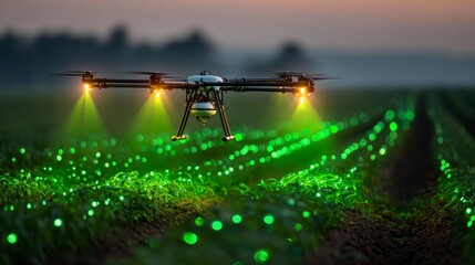 Drone spraying green field at dusk