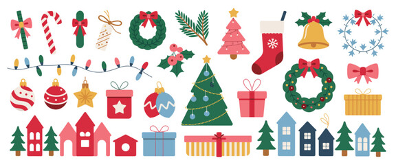 Christmas Ornament and Frame Vector Set – Includes Tree, Bauble, Gift, Wreath, Leaves, Snowflake, Candy Cane, Screen – Design for Sticker, Card, Poster, Invitation, Greeting