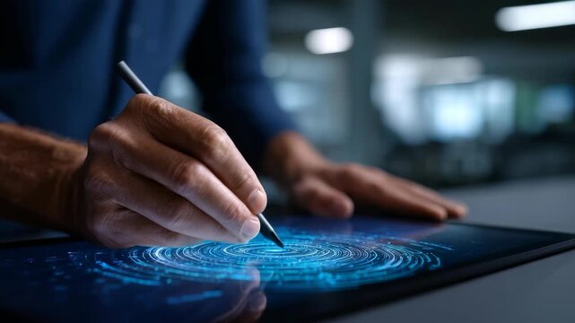 A close up of a hand using a stylus to draw digital patterns on a touchscreen tablet in a modern office. The image highlights innovation and creative technology in digital design
