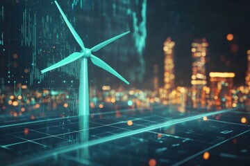 Visual representation of renewable energy technology with a wind turbine in a futuristic cityscape