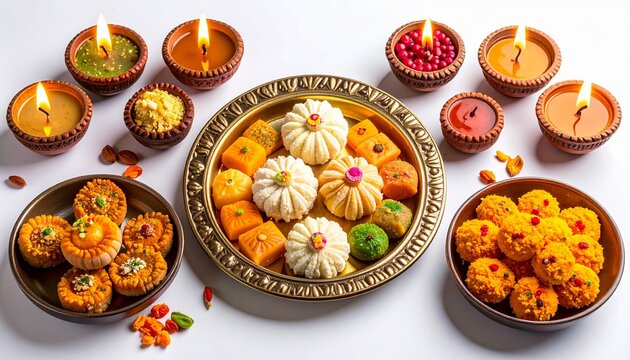 Indian Sweets Platter with Diya and Flowers Representing Diwali Celebration Cultural Tradition Festive Ambiance and Artistic Heritage