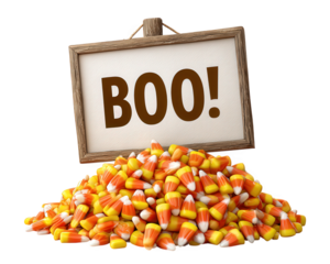 Playful pile of candy corn with Boo sign, spooky Halloween clipart treat for autumn. fun and traditional sweet snack for an October celebration party
