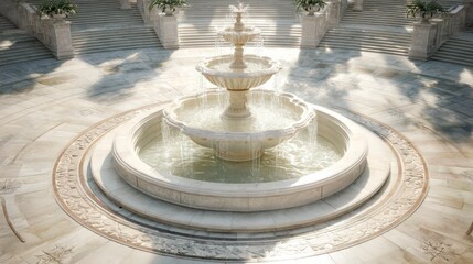 Elegant white fountain in courtyard