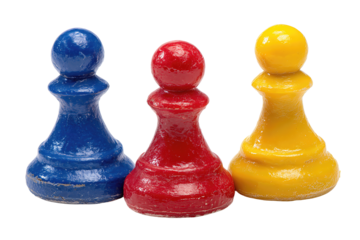 Set of three colorful plastic game pawns in red, blue, and yellow, arranged in a soft arc, playful and simple, isolated on transparent background.
