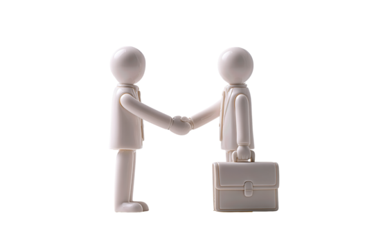 Two matte resin office figurines shaking hands with a briefcase on the floor, minimalist business concept, isolated on transparent background.
