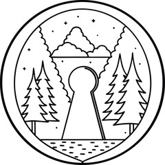 Keyhole Showing Forest Landscape Line Art Illustration on Transparent Background