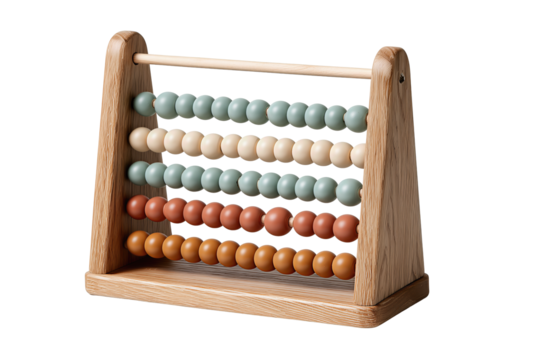 Wooden abacus with pastel sage, cream, and terracotta beads on an ash frame, smooth and minimalist design, isolated on transparent background.
