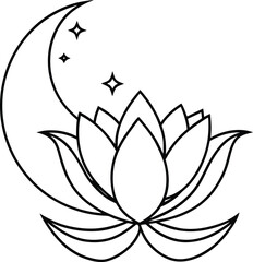 Lotus Flower Sprouting from Moon Line Art Illustration on Transparent Background